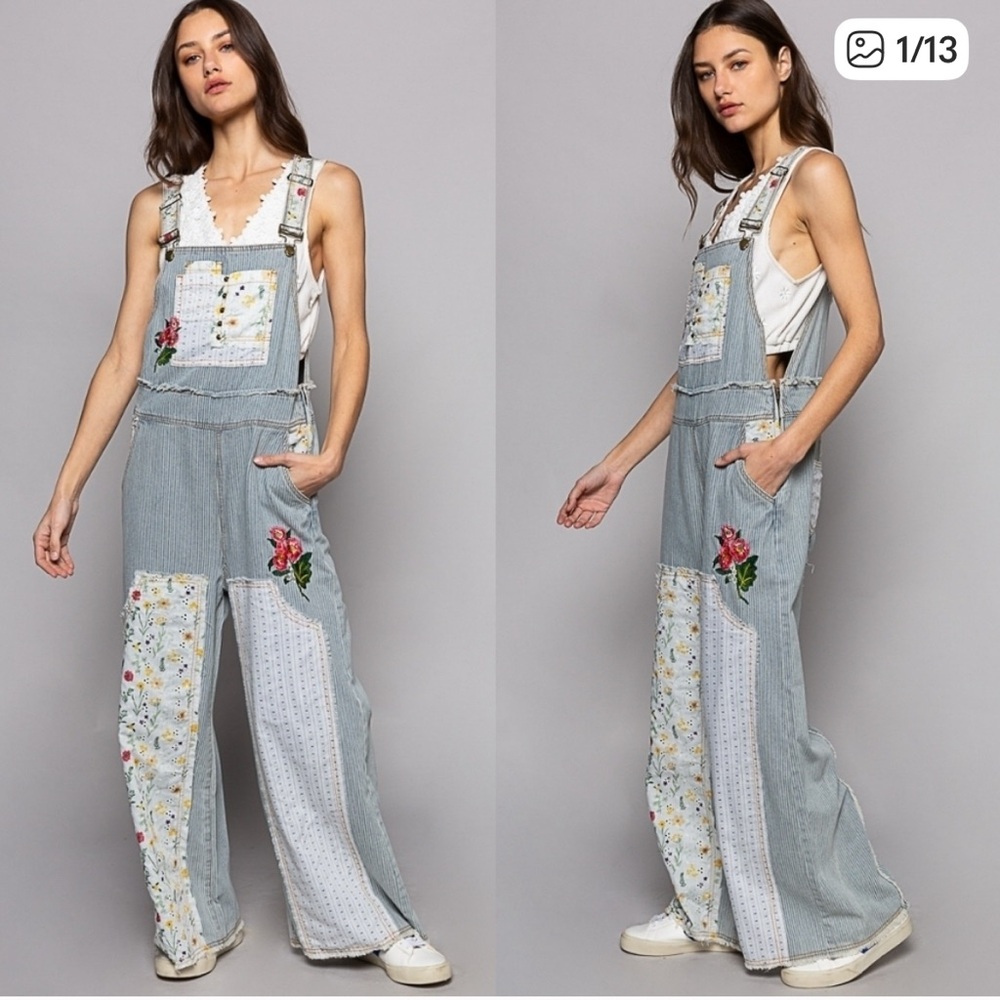 NEW POL Denim patchwork oversized overall with embroidery detail. Small